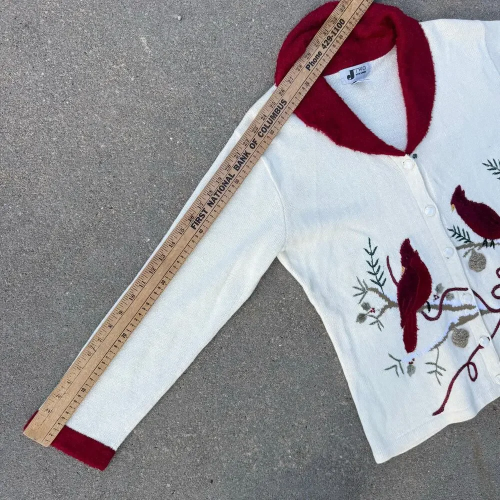 Vintage 90s JTWO Christmas Cardinals Winter Cardigan Sweater Red Collar LARGE